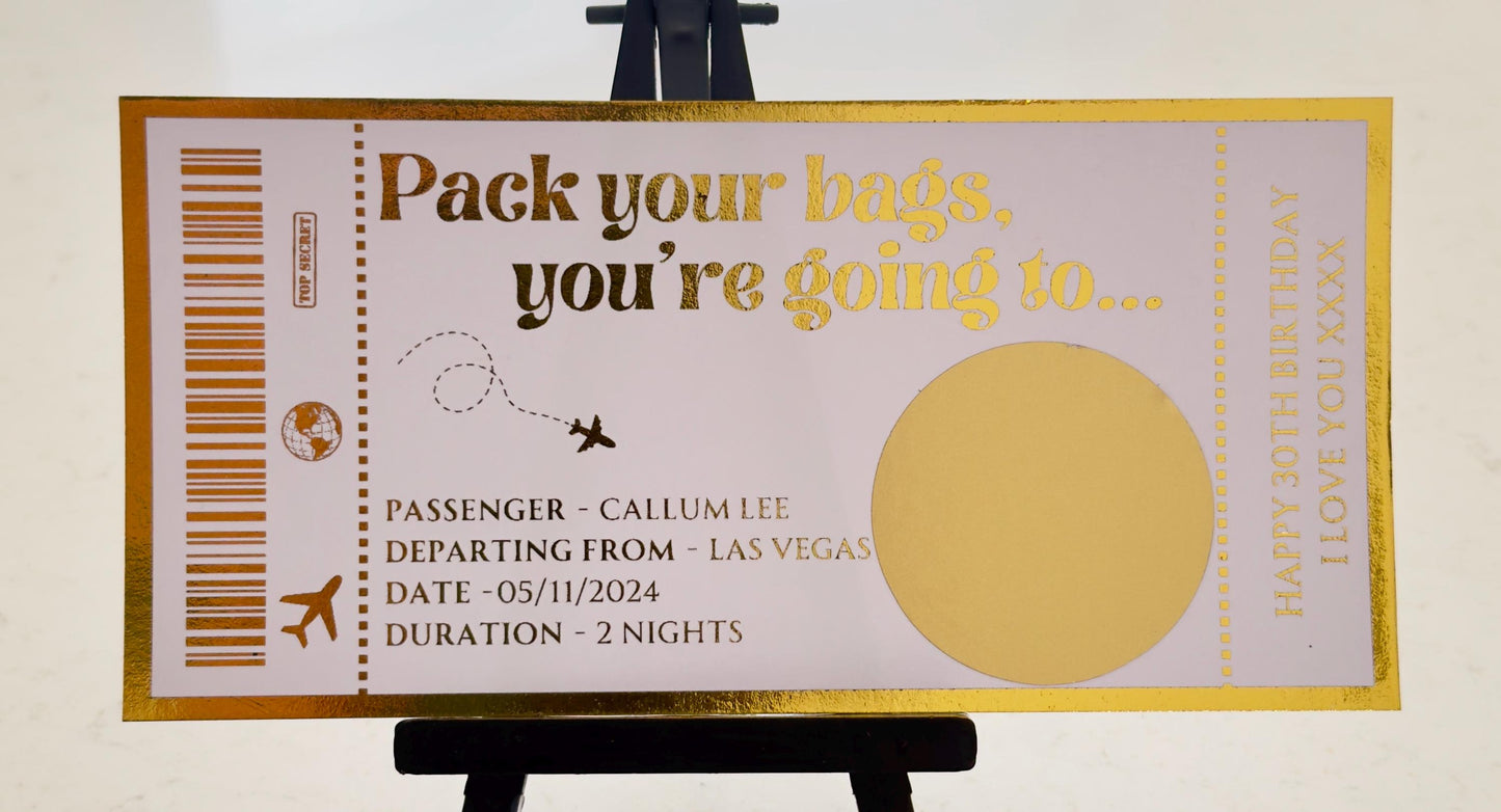 Scratch and reveal ticket - Personalised foil ticket, custom boarding pass, foil voucher, destination reveal, souvenir ticket, show ticket
