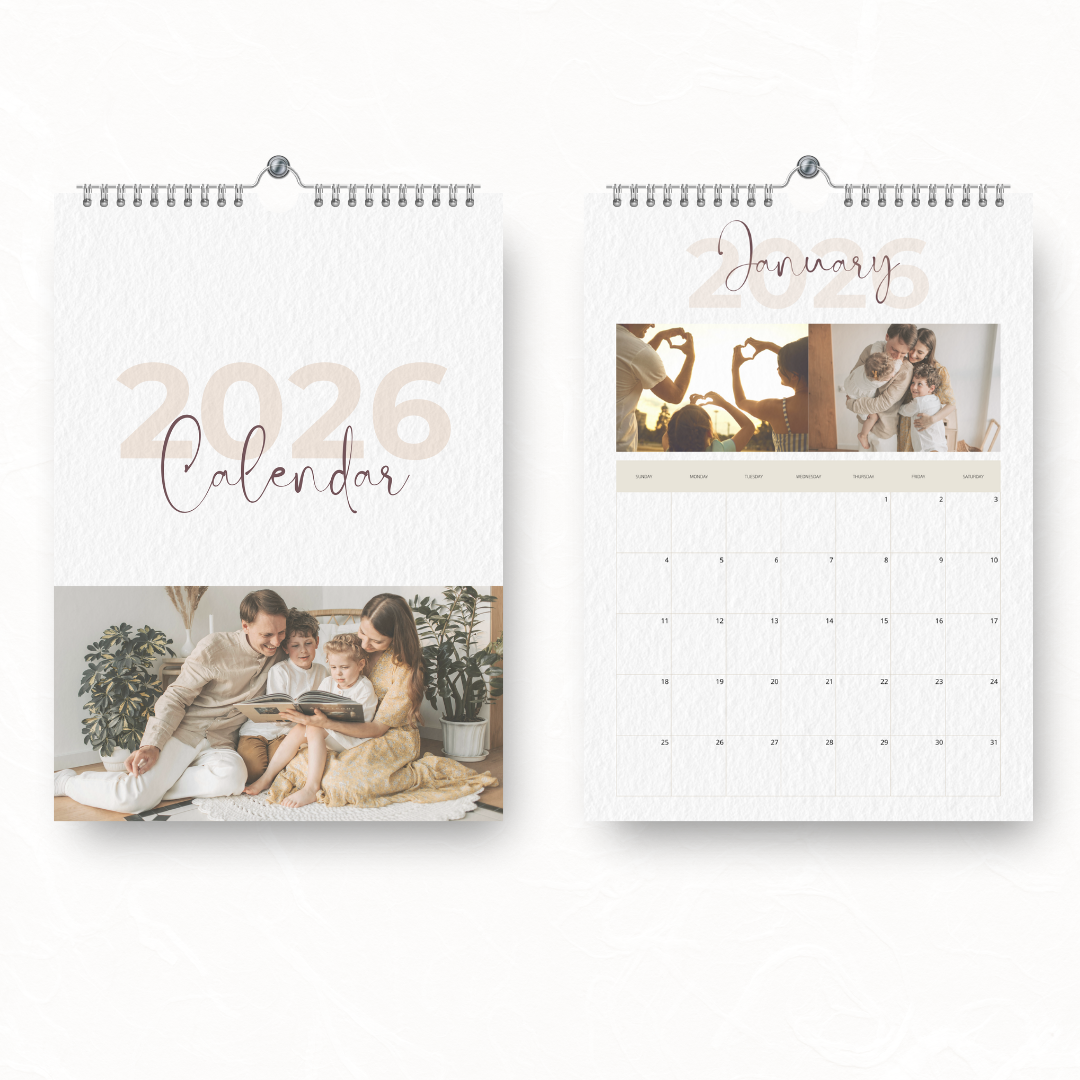 2026 calendar with family photos on a white background