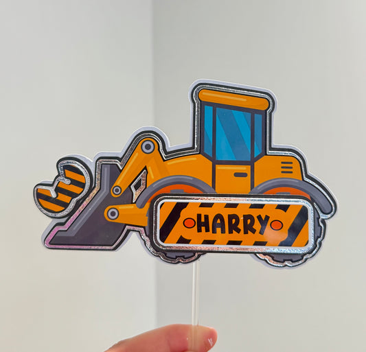 Personalised Construction Birthday Cake Topper – Custom Digger Name & Age Decoration