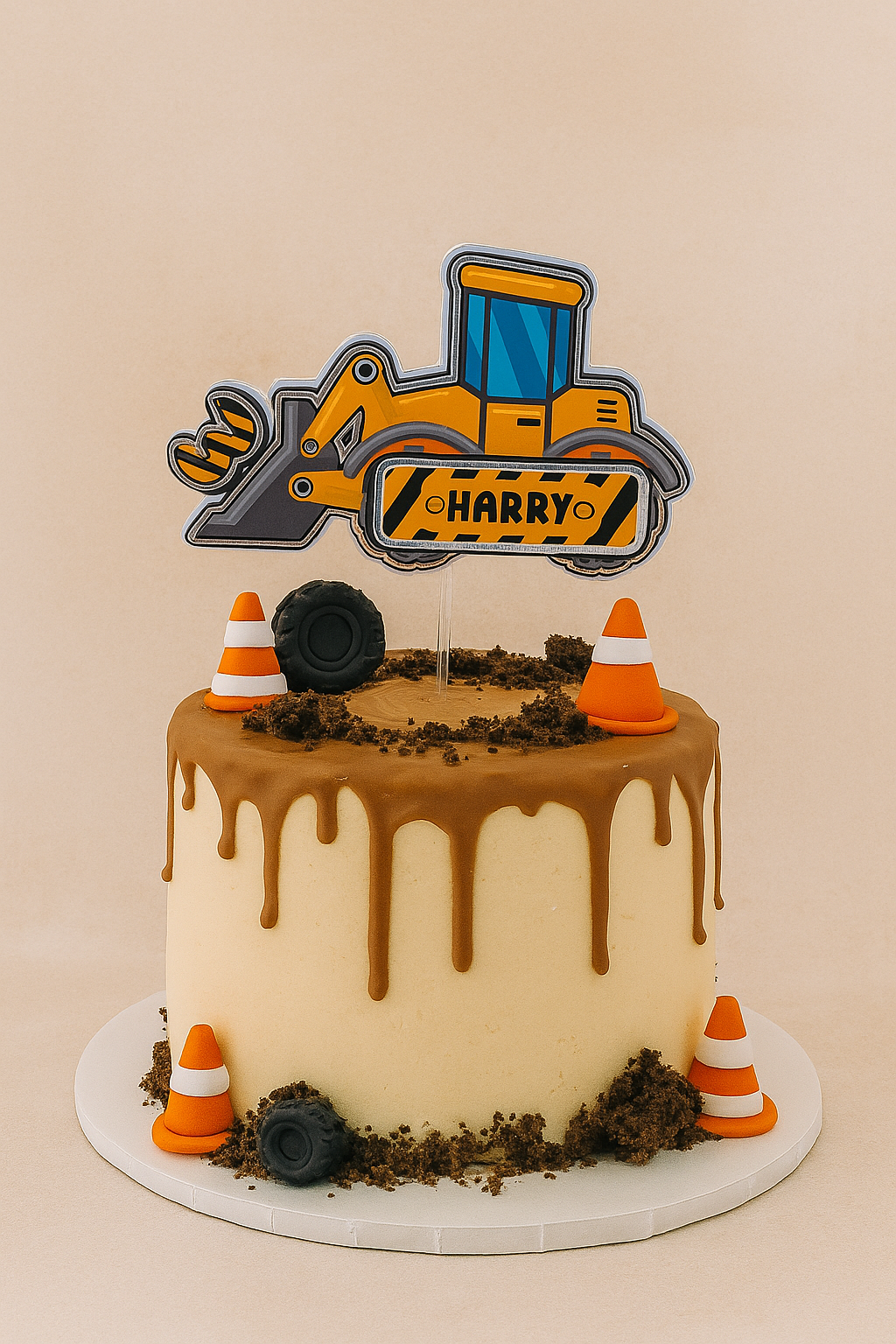 Personalised Construction Birthday Cake Topper – Custom Digger Name & Age Decoration