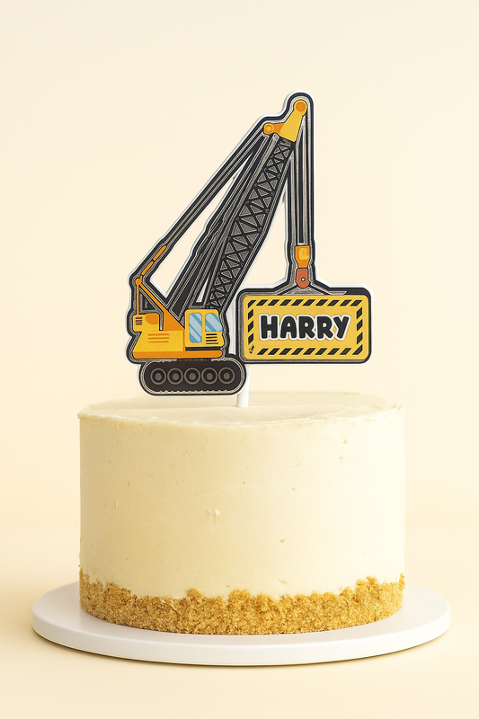 Personalised Construction Birthday Cake Topper – Custom Name Digger Crane Decoration for Boys